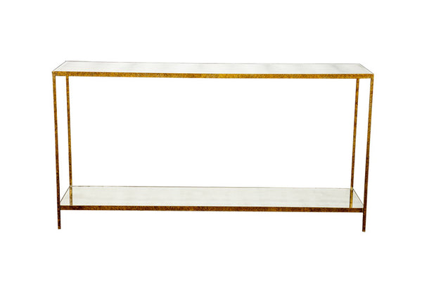 Rectangular metal console table with mirrored top and shelf, framed in antiqued gold metal, isolated on a white background. This is the Large Jonathan Hall Table in Gold by Oly.