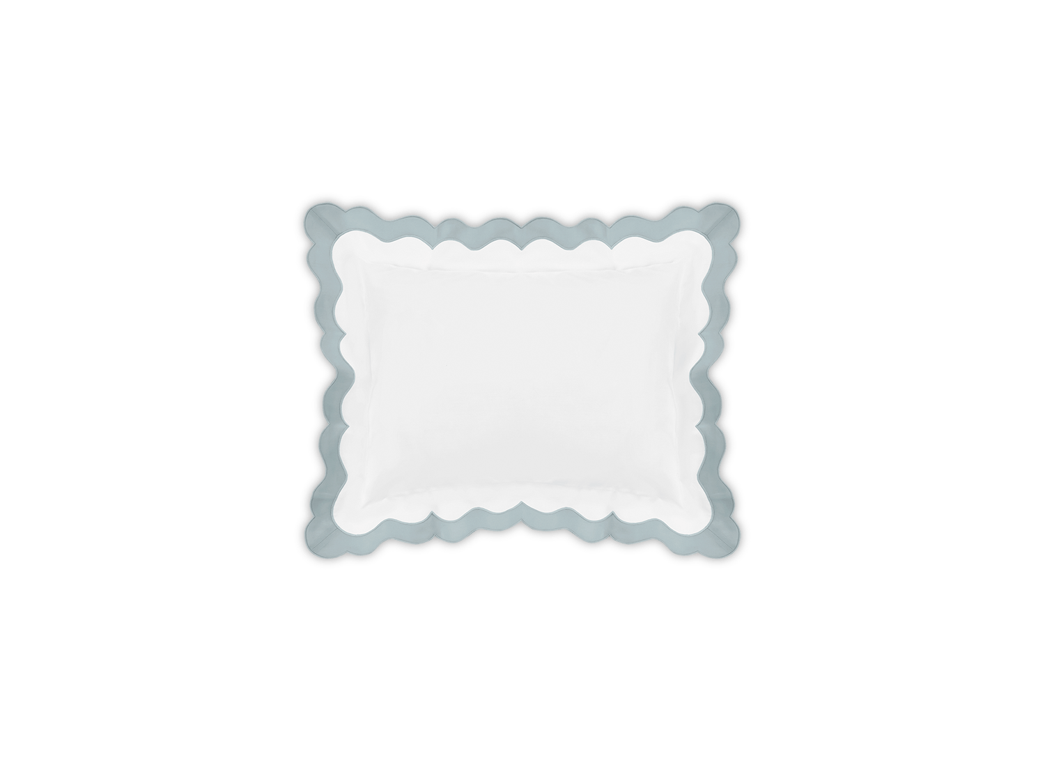 Matouk Lorelei Bedding Collection, Pool square pillow with a ruffled edge on a green background, featuring applique scallop detail.