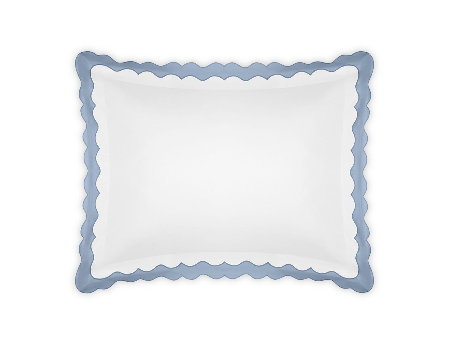 Decorative square pillow from the Matouk Lorelei Bedding Collection, Hazy Blue with a 600 thread count white center and blue scalloped edges isolated on a white background.
