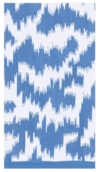 A blue and white ikat pattern on a white background adorns these Caspari Modern Moire Blue Guest Towels.