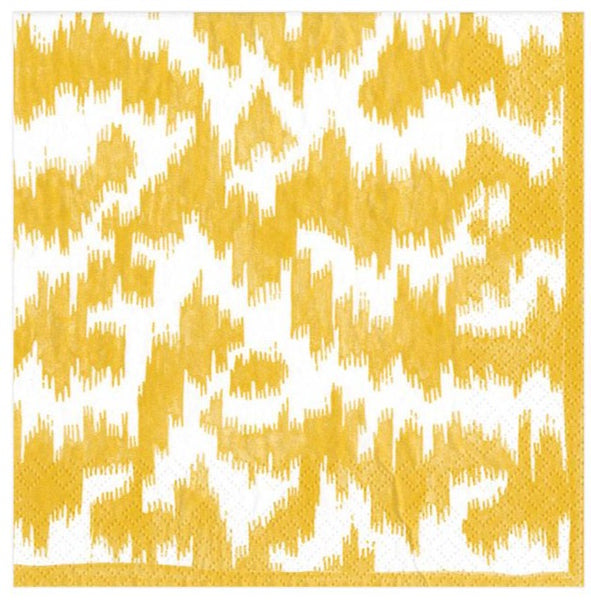 A yellow and white ikat pattern on a Caspari Modern Moire Yellow, Cocktail Napkin.