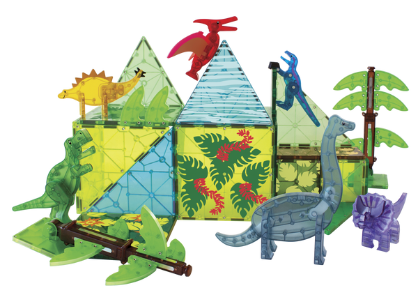 Colorful Magnatiles dinosaurs and magnetic trees arranged to form a playful jungle scene in the Magna-Tiles Dino World XL 50 Piece Set.