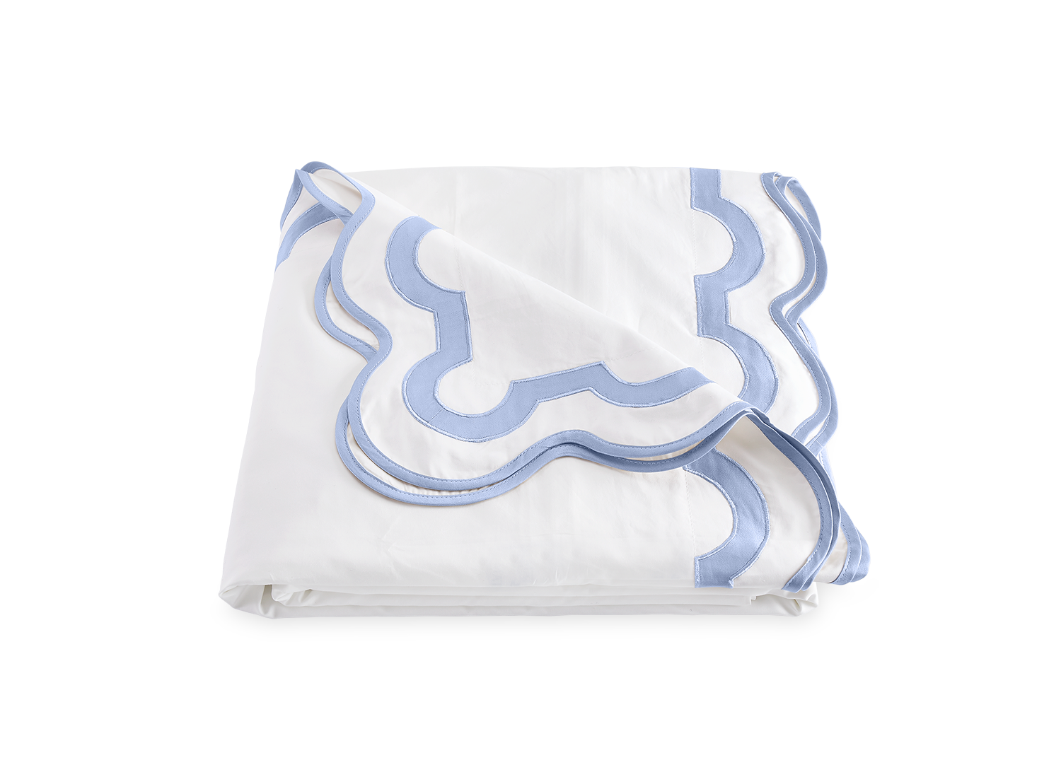 A white and blue blanket crafted from luxurious Egyptian cotton percale, featuring a 600 thread count for ultimate comfort: Matouk Mirasol Bedding Collection, Azure by Matouk.