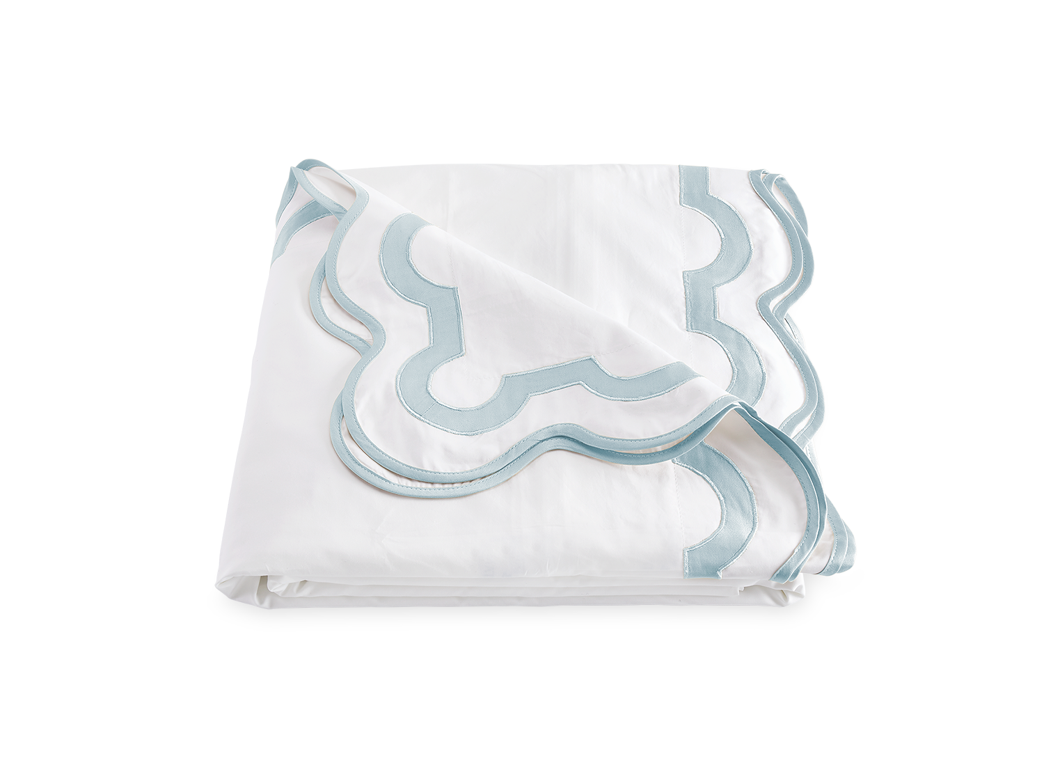 A neatly folded white sheet with a light blue and gray border from the Matouk Mirasol Bedding Collection, Pool, crafted in 600 thread count Egyptian cotton percale.