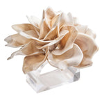 The Kim Seybert Dahlia Ivory Napkin Ring features beige and cream acrylic petals in an abstract layered design, mounted on a clear rectangular base, shown against a white background.