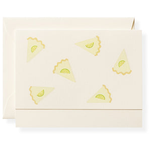 The Flour Shoppe Card Set by Karen Adams features a cream note card hand-embellished with six triangular pie slices and green lime wedges, paired with an envelope—an ideal hostess gift.