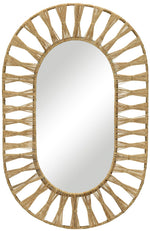 The Selamat Ojai Oval Mirror features a woven jute frame in a sunburst pattern, providing an organic vibe.