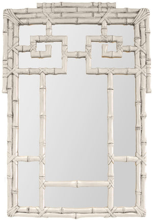 The Bamboo Mirror, Silver by Carvers' Guild features a rectangular design with a decorative faux bamboo frame in a light, neutral shade. The Oriental bamboo motif and geometric patterns bring symmetry and elegance to the piece.