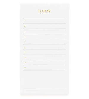 The Sugar Paper "Today" White Pad features "TODAY" in gold foil at the top, followed by a numbered daily list (1–10) with blank lines for writing tasks.