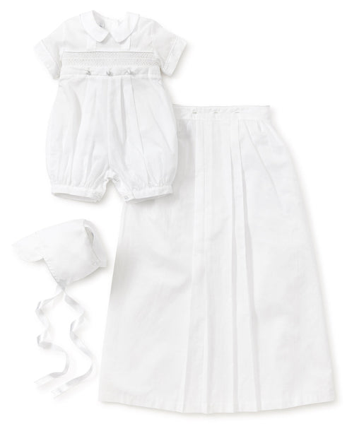 A luxury Kissy Kissy Phillip Convertible Christening Gown & Hat Set for baby boys, complete with a hat and bonnet.