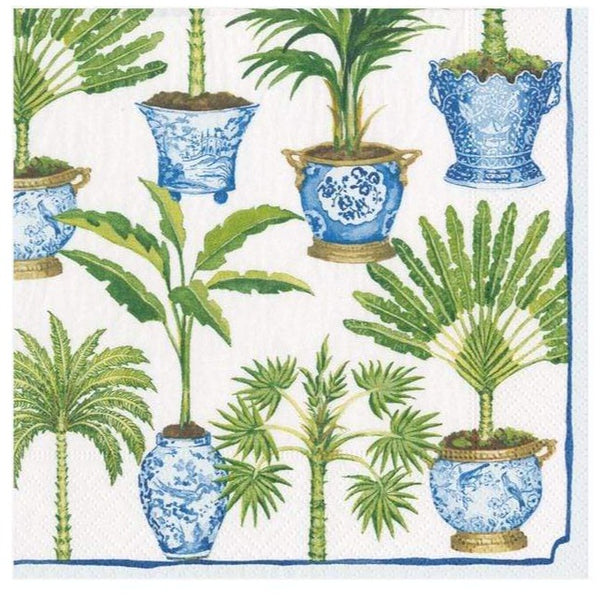A 5" x 5" blue and white Caspari Potted Palms White Cocktail Napkin with plants in pots.