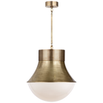 Visual Comfort's Precision Large Pendant in Antique-Burnished Brass with White Glass, featuring a perforated top and metallic rod, offers an adjustable fixture height.