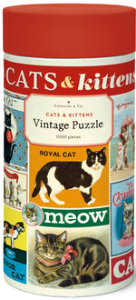 The Cavallini Papers and Co Cats and Kittens 1,000 Piece Puzzle comes in a cylindrical container with colorful cat illustrations and includes puzzle pieces stored in a handsewn muslin bag.