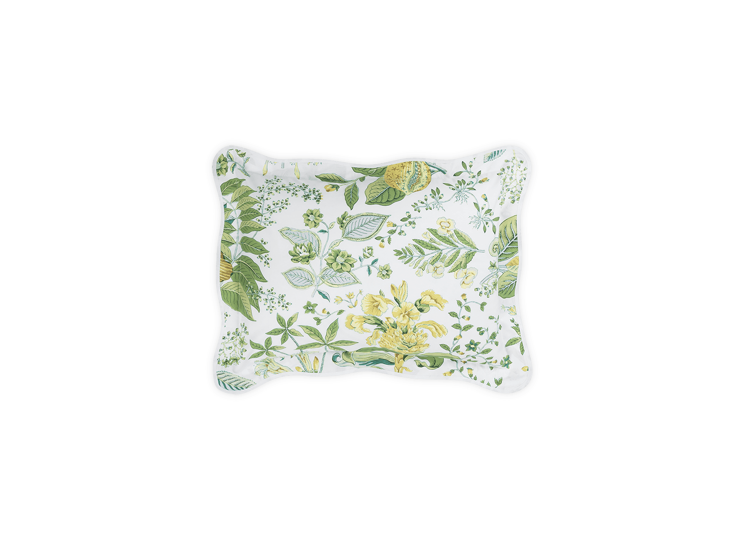 The Matouk Pomegranate Bedding Collection, Citrus, features a square pillow in white Egyptian cotton percale with a green and yellow pomegranate-inspired botanical print, black piped edge, and OEKO-TEX® Standard 100 certification.