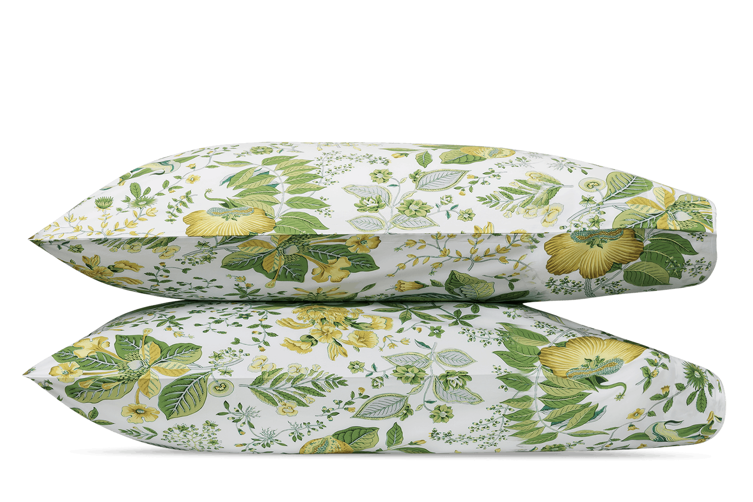 Two stacked decorative pillows with a green and yellow floral Matouk Pomegranate pattern on a green background.