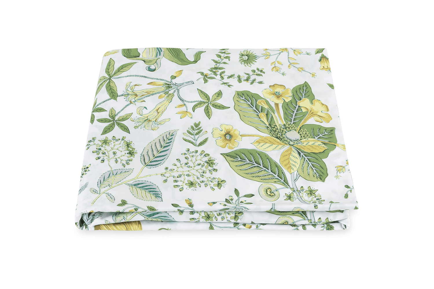 A folded Matouk Pomegranate Bedding Collection bedsheet with green and yellow botanical prints on a solid green background, OEKO-TEX Standard 100 certified.