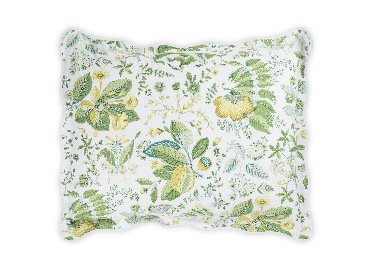 Decorative pillow with a Matouk Pomegranate Bedding Collection, Citrus print featuring various plants and flowers in green and yellow tones, outlined in a black edge.
