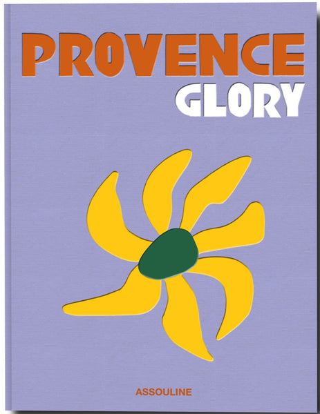 A book cover with the title "Provence Glory" by Assouline in orange letters, featuring a graphic of a yellow stylized flower against a background of lavender fields, and the word "Assouline" at