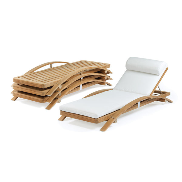 A stack of Sundeck Stacking Adjustable Chaises from the Summit Furniture Collection next to a single assembled Sundeck Stacking Adjustable Chaise with a white cushion on a white background, designed by a renowned yacht designer.