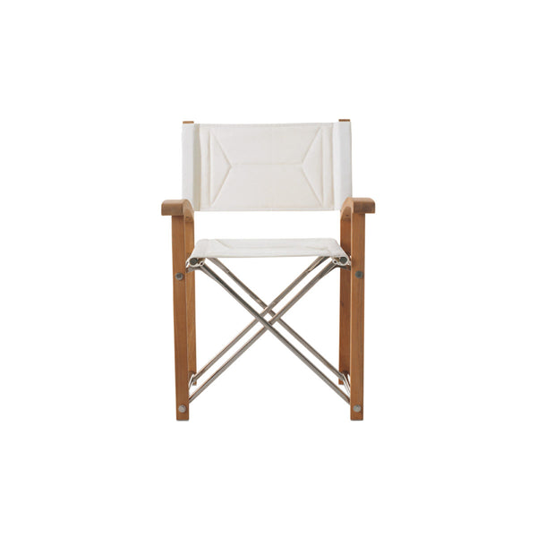 A Sundeck Director's Chair from the Summit Furniture Collection with white canvas on a plain white background, designed by a British yacht designer.