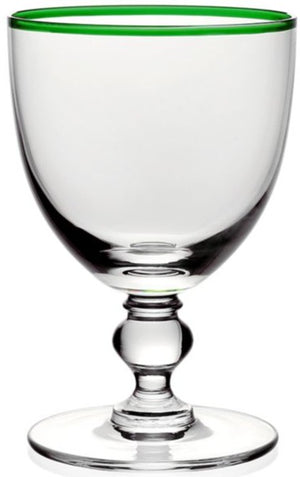 The Green Siena Water Glass by William Yeoward Crystal features a round clear bowl, decorative stem, and thin green rim. Handmade and displayed on a white background. Proposition 65 warning applies.
