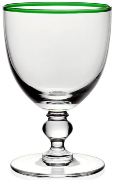 A William Yeoward Crystal Siena Water Glass Green 11 oz with a colorful rim on a white background.
