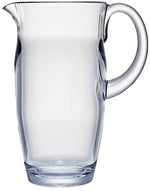 The Bold Paradise Acrylic Pitcher features a handle and wide spout, making it perfect for serving drinks. Dishwasher safe for easy cleaning, it’s shown empty against a white background.