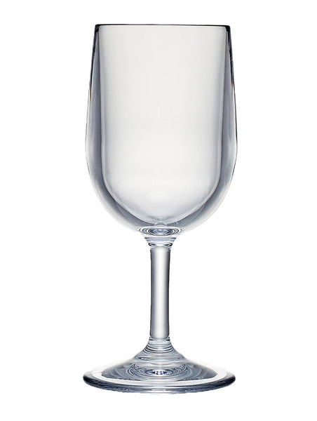 A sleek Acrylic White Wine Glass with modern curves on a white background by Bold.