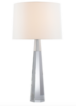 A Visual Comfort Olsen Table Lamp, Crystal and Polished Nickel, with a white shade featuring a polished nickel base.
