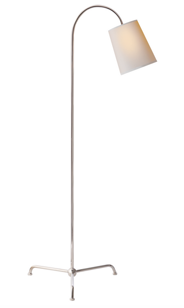 A modern, freestanding Mia Floor Lamp by Visual Comfort with a polished nickel finish and a large, square, translucent lampshade.