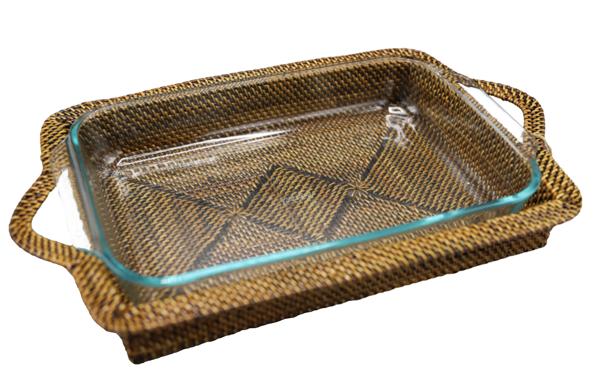 The Calaisio Rectangular Baker with Pyrex Insert features a glass baking dish nestled in a handmade water-vine wicker tray with handles, expertly crafted by artisans.