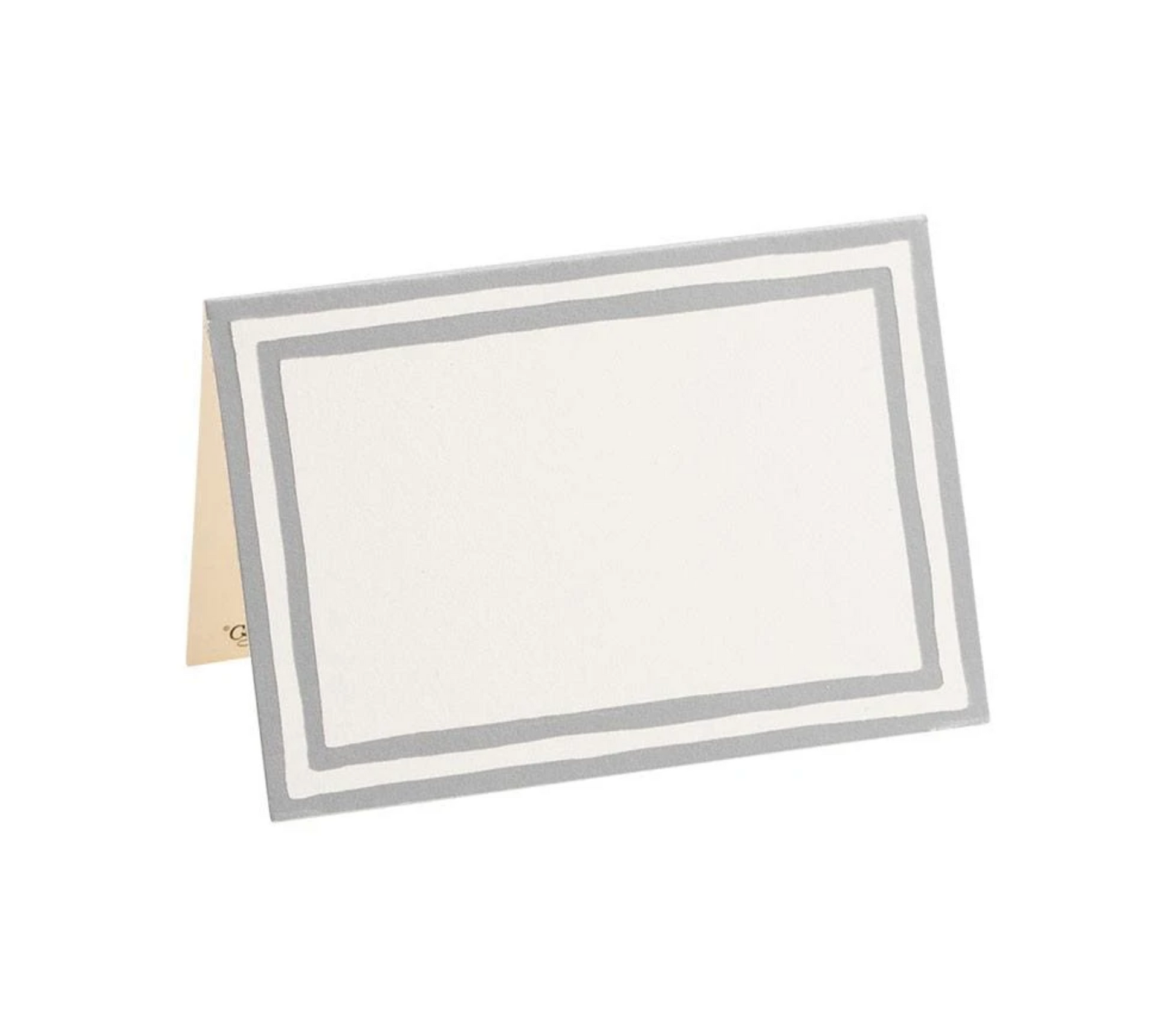 The Caspari Border Stripe Silver Place Card is a tent-style card with a double gray border, made of sturdy cardstock and shown standing upright against a white background.