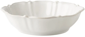 The Juliska Berry & Thread Whitewash 13" Serving Bowl features a scalloped edge and textured rim, crafted from ceramic stoneware, shown on a plain background.