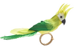 The Kim Seybert Parakeet Napkin Ring showcases vibrant yellow and green feathers, a black beak, and a feathered crest—adding a decorative touch to your spring table setting.