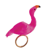 The Kim Seybert Flamingo Napkin Ring features a whimsical pink flamingo with an orange and black beak perched on a circular ring, bringing playful tropical charm to your table setting against a white background.
