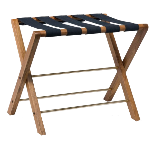 A Walvia Teak and Navy Luggage Rack by Made Goods, perfect for a sophisticated look.
