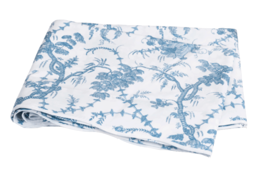 Folded Matouk San Cristobal Bedding Collection, Sky chinoiserie-style toile de jouy patterned fabric.