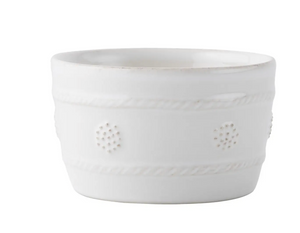 The Juliska Berry & Thread Whitewash Ramekin features textured dots and rope-like detailing in white ceramic stoneware, shown against a plain white background.