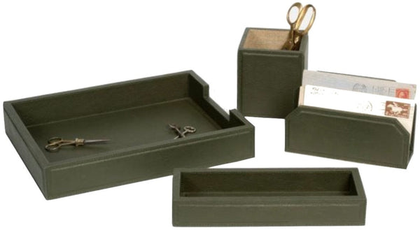 Three Pigeon & Poodle Asby Accessory Sets in olive green full-grain leather in different sizes displaying keys, scissors, and business cards.