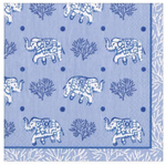 Caspari’s Batik Elephants Blue Cocktail Napkin features blue and white elephants, coral motifs, dots, and a decorative border. Triple-ply, eco-friendly, and biodegradable—perfect for stylish, sustainable entertaining.