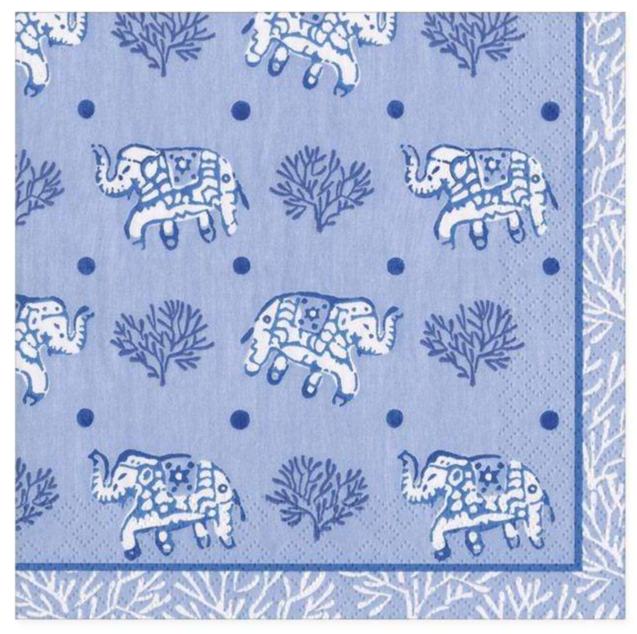 Caspari’s Batik Elephants Blue Cocktail Napkin features blue and white elephants, coral motifs, dots, and a decorative border. Triple-ply, eco-friendly, and biodegradable—perfect for stylish, sustainable entertaining.