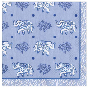 Caspari’s Batik Elephants Blue Cocktail Napkin features blue and white elephants, coral motifs, dots, and a decorative border. Triple-ply, eco-friendly, and biodegradable—perfect for stylish, sustainable entertaining.