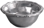 The Beatriz Ball Garden Bamboo Small Bowl features a shiny metallic finish with a raised bamboo-inspired rim and measures 6 x 6 x 2.5 inches—ideal for elegant table settings or home décor.