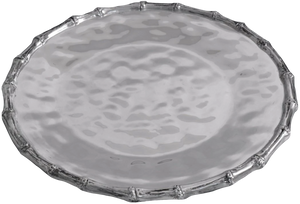 The Beatriz Ball Garden Bamboo Round Tray features a hammered silver texture and decorative ridged edge, making it perfect for serving or adding elegance to your table.