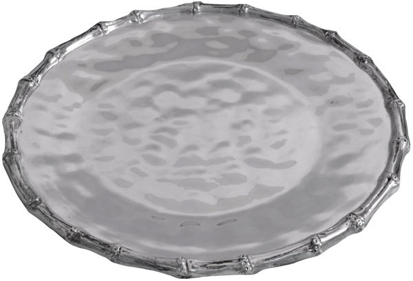 A transparent glass round platter pie dish viewed from above, perfect for your serving needs, the Garden Bamboo Round Tray from Beatriz Ball.