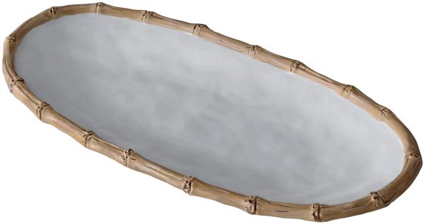 Illustration of an empty Beatriz Ball Vida Melamine Bamboo Medium Oval Platter on a transparent background, viewed from above, showing its elongated shape and luxury melamine construction.