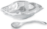 The Beatriz Ball Vento Claire Medium Bowl with Spoon features a wavy-edged, shell-inspired design and includes a matching curved metal spoon—ideal for serving in style at gatherings.