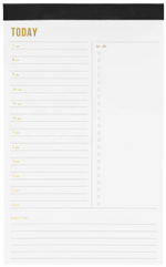 The "Day" Black Pad by Sugar Paper is a daily list pad with hourly slots from 7am–6pm, convenient to-do checkboxes, and a "tomorrow" section at the bottom for next-day planning.