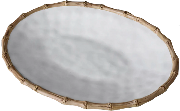 An illustration of a durable, oval-shaped Beatriz Ball Vida Melamine Bamboo Large Oval Platter frame or border with a white, cloudy center, possibly designed to be filled with text or another image.