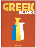 Graphic illustration of two stylized vases with "Assouline" text above on a red background, invoking the warmth of Greek hospitality.
